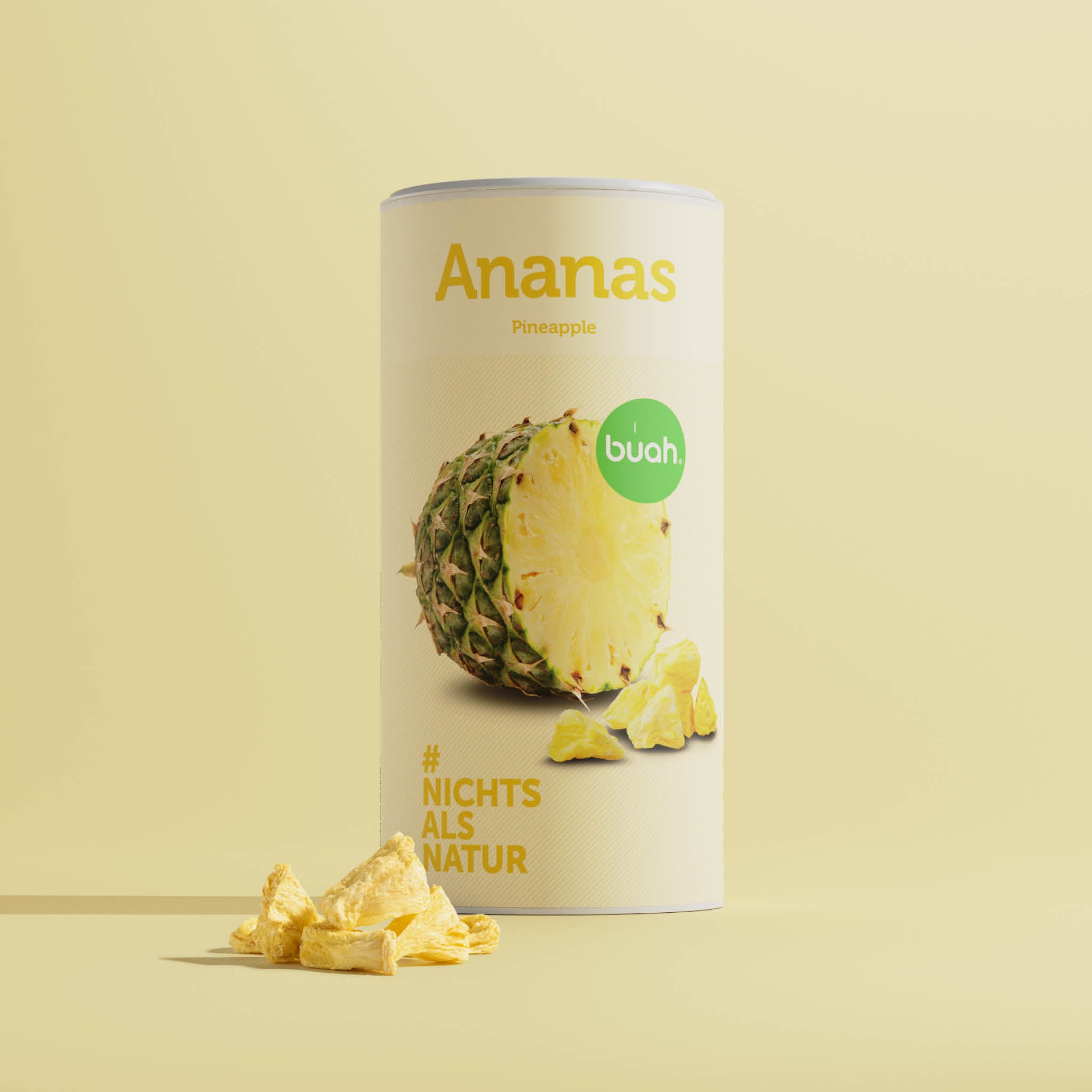 Eine Dose buah gefriergetrocknete Ananas