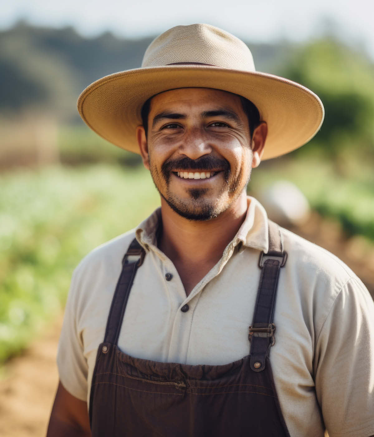 Farmer mit T-Shirt und Latzhose lacht in die Kamera