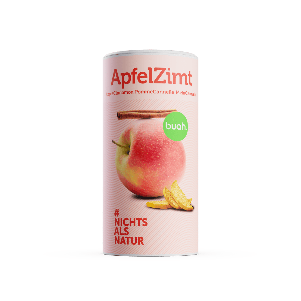 buah ApfelZimt Dose Ansicht von Vorne und Hinten, die nebeneinander stehen, Zylinder Papierdose, mit der Abbildung eines Apfel, auf dem eine Stange Zimt liegt, rosa Farbtoene