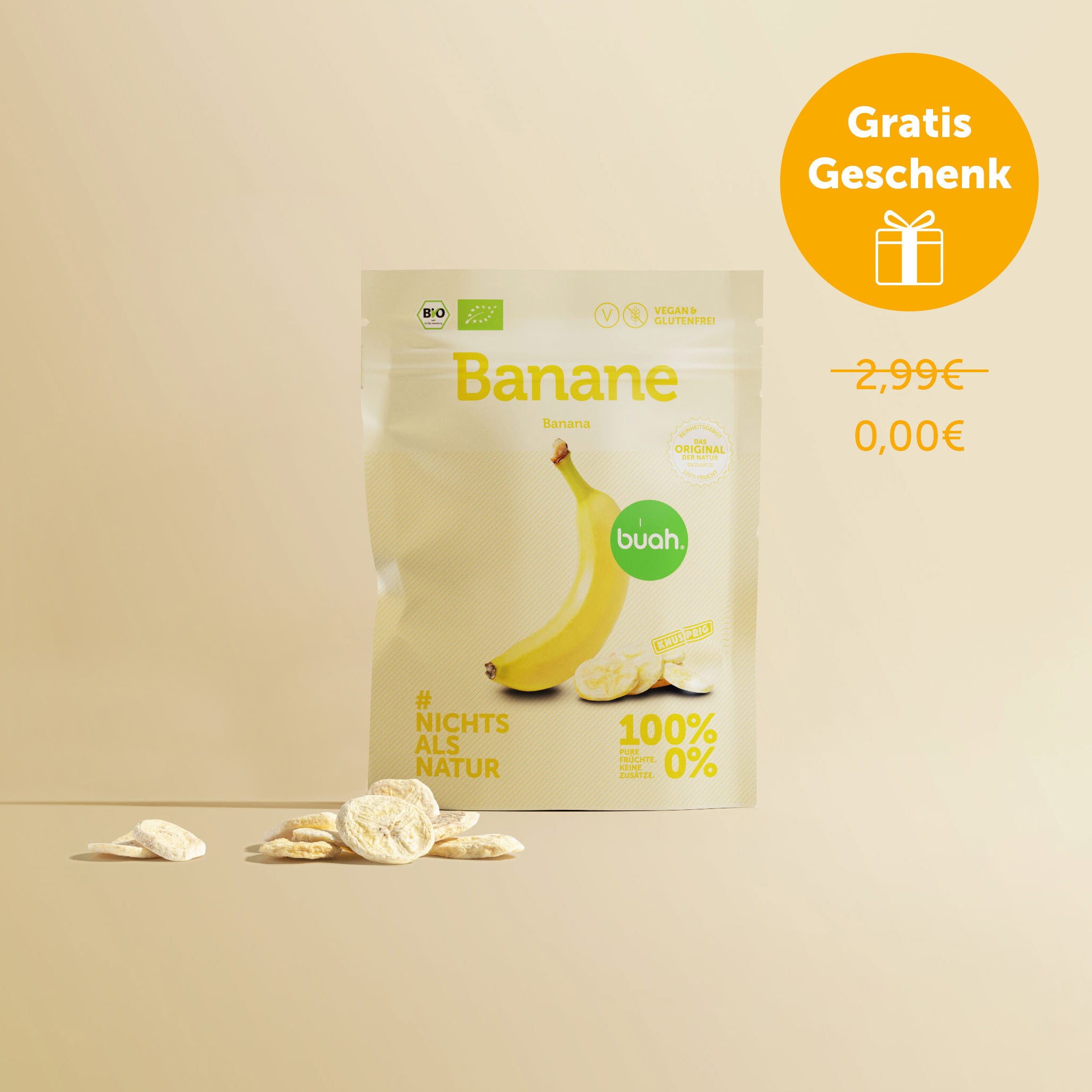 buah birthday, 10 Jahre buah, Gratis Geschenk Badge auf Abbildung des buah Banane Snackpack vor gelbem Hintergrund