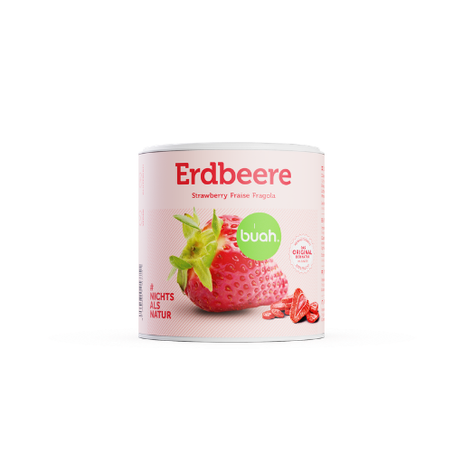 Varianten Bild der gefriergetrockneten buah Erdbeere in der kleinen Dose auch Maxipackung gennant.