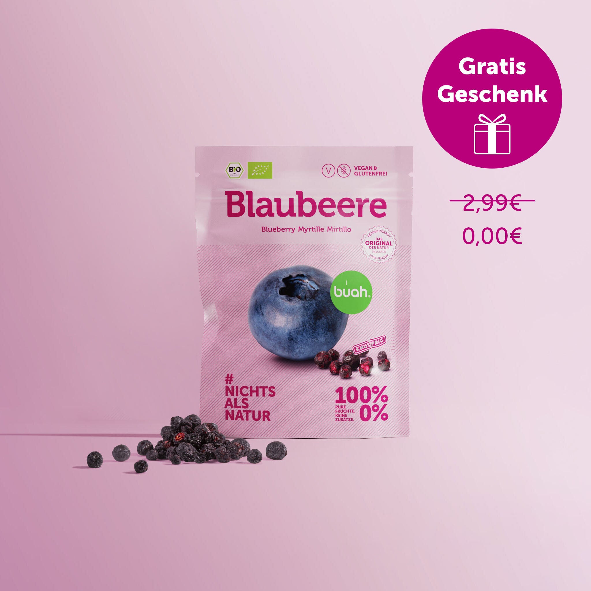 buah birthday, 10 Jahre buah, Gratis Geschenk Badge auf Abbildung des buah Blaubeere Snackpack vor lila Hintergrund