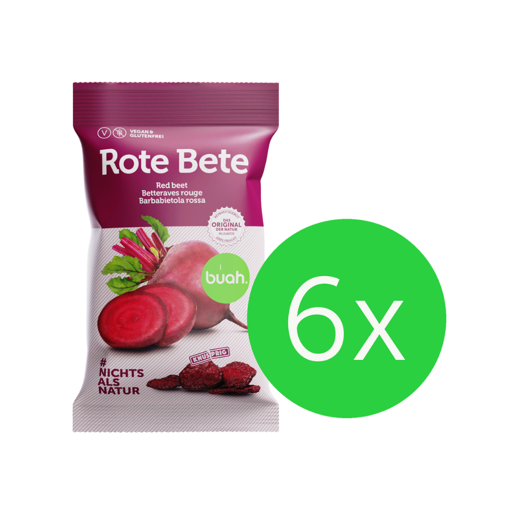 6 Packung Rote Bete Chips von buah hintereinander aufgestellt in einer weißen Papierbox