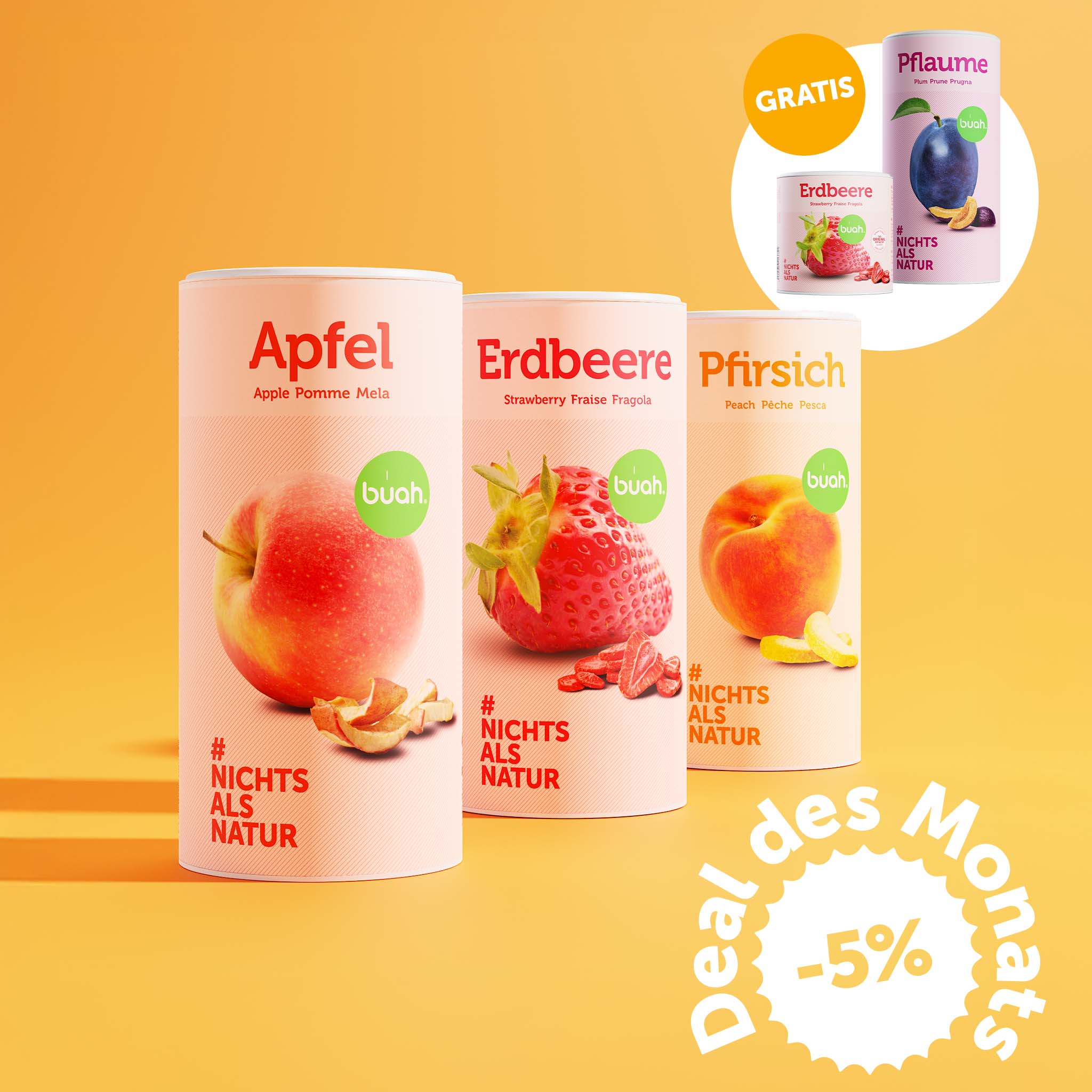 buah Abenteuer-Oster-Set. Drei große Dosen buah gefriergetrocknete Früchte der Sorten Apfel, Erdbeere und Pfirsich stehen auf einem orangefarbenen Hintergrund. Oben rechts zeigt eine Blase eine kleine Dose Erdbeere und eine Dose Pflaume mit einem orangen „GRATIS“-Hinweis. Unten rechts befindet sich ein Badge mit „Deal des Monats -5%“.