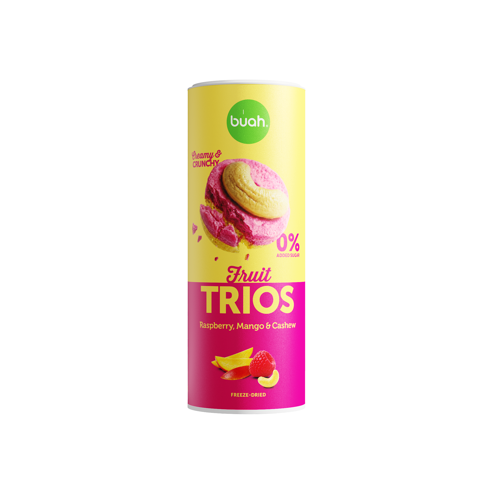 Eine hohe Slim-Dose buah Fruit TRIOS Raspberry, Mango & Cashew steht freigestellt auf einem weiĂźen Hintergrund. Auf der Dose ist ein rundes FruchtstĂĽck mit Cashewkern abgebildet.