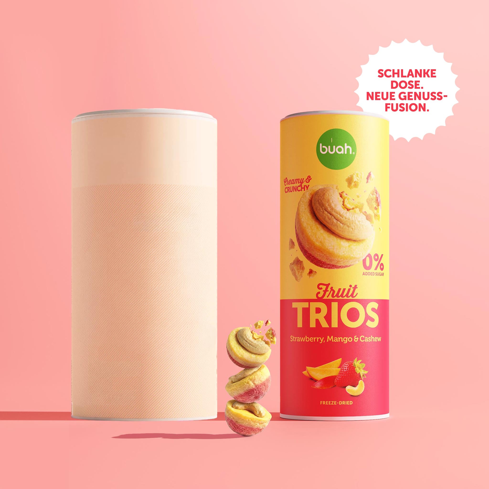 Neue Buah Trios Erdbeere, Mango & Cashew – Trios Dose Vergleich mit Dose der gefriergetrockneten Früchte