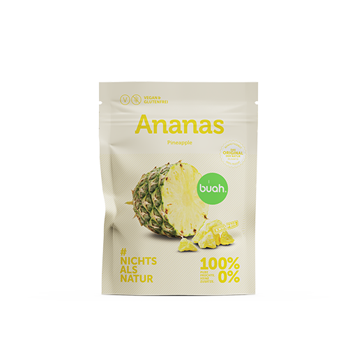 Zwei buah Ananas Snackpack nebeneinander  mit Vorder- und Rueckansicht der Packung