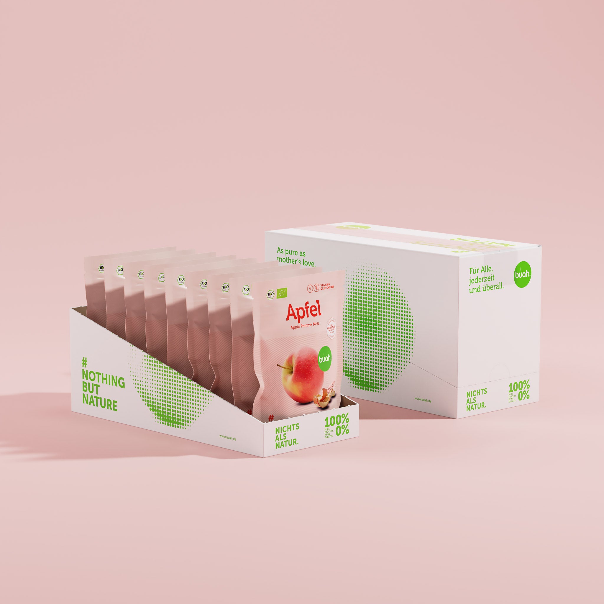 9 buah Apfel Snackpack aufgereiht in einer weissen Schachtel aus Papier