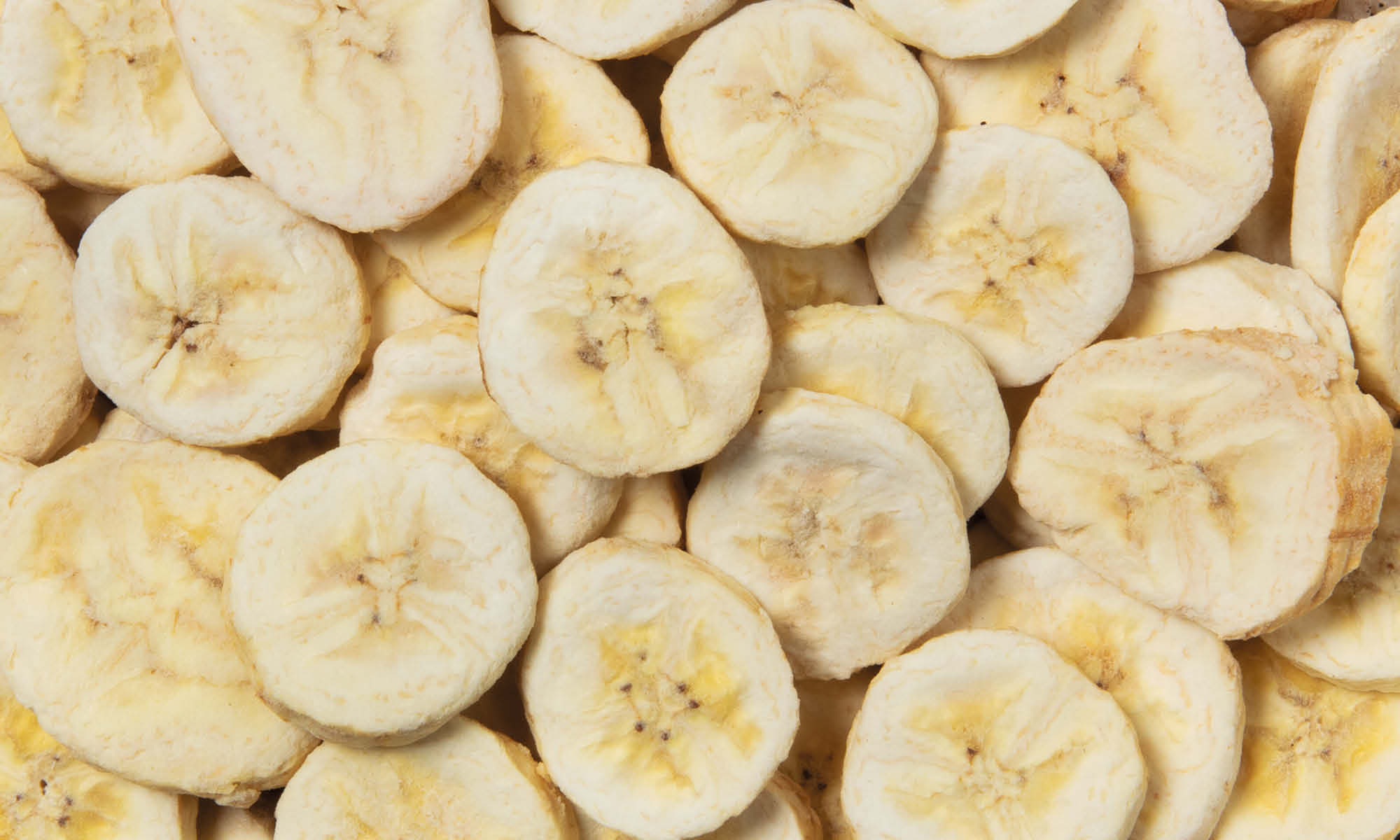 Nahaufnahme einer Anhäufung gefriergetrockneter Bananenchips, geschnitten in runde Scheiben