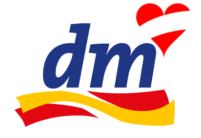 Logo der Firma DM Österreich in blau, rot und gelb, buah im Handel