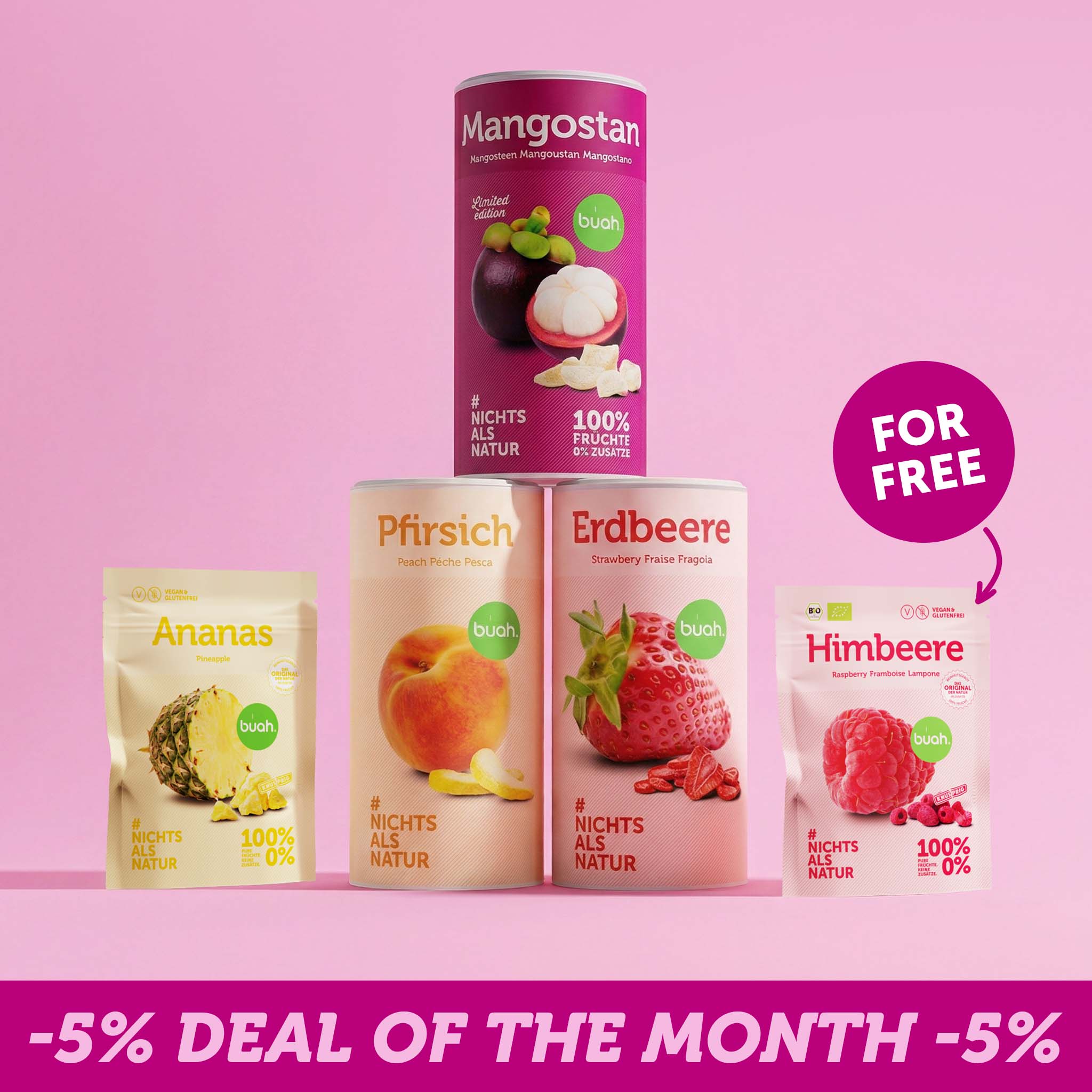 A large can of buah mangosteen forms a pyramid on top of two cans of peach and strawberry. On the left is a small pineapple pouch, on the right a raspberry pouch with a "FREE" indicator. A banner at the bottom reads "-5% Deal of the month -5%".