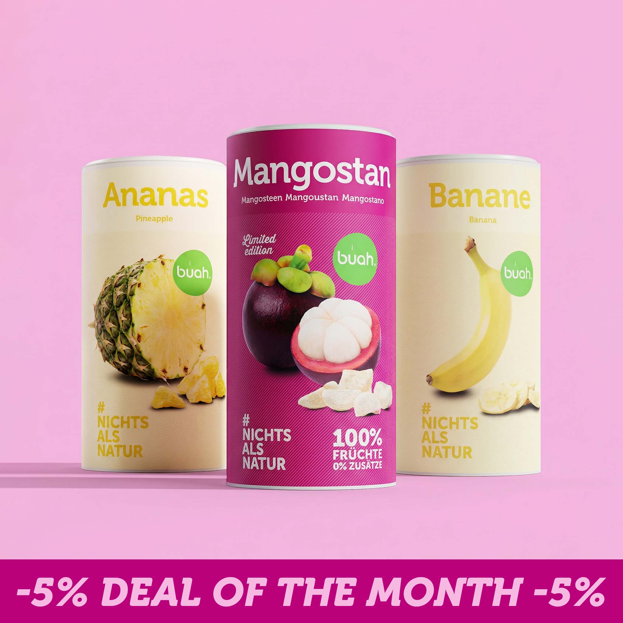 Three large cans of freeze-dried buah fruits in the flavors pineapple, mangosteen, and banana stand side by side against a pink background. A banner at the bottom reads "-5% Deal of the month -5%".