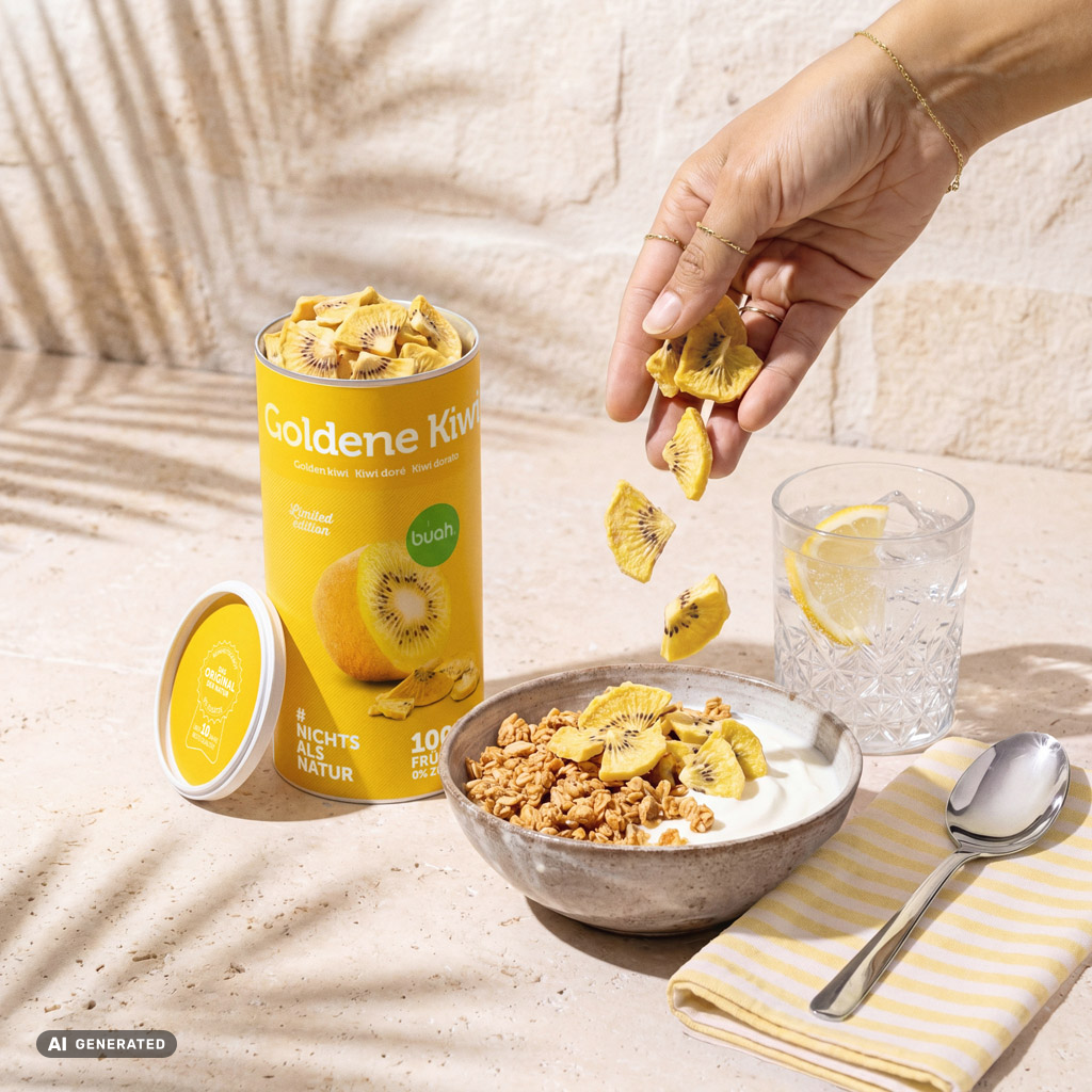 Eine sommerliche Szene auf einer hellen Steinplatte. Eine Hand streut knusprige buah gefriergetrocknete Kiwi-Stücke aus einer gelben Dose über eine Schale mit Müsli und Joghurt. Daneben steht ein Glas erfrischendes Wasser mit einer Zitronenscheibe.