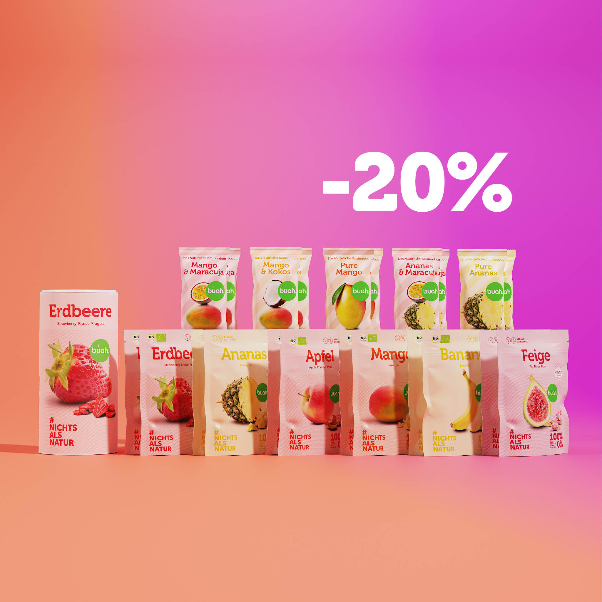 buah Black Friday 20% Angebot mit einer Dose buah Erdbeeren und 22 weiteren buah Sorten, darunter Snackpacks und Kaubonbons verschiedener Sorten