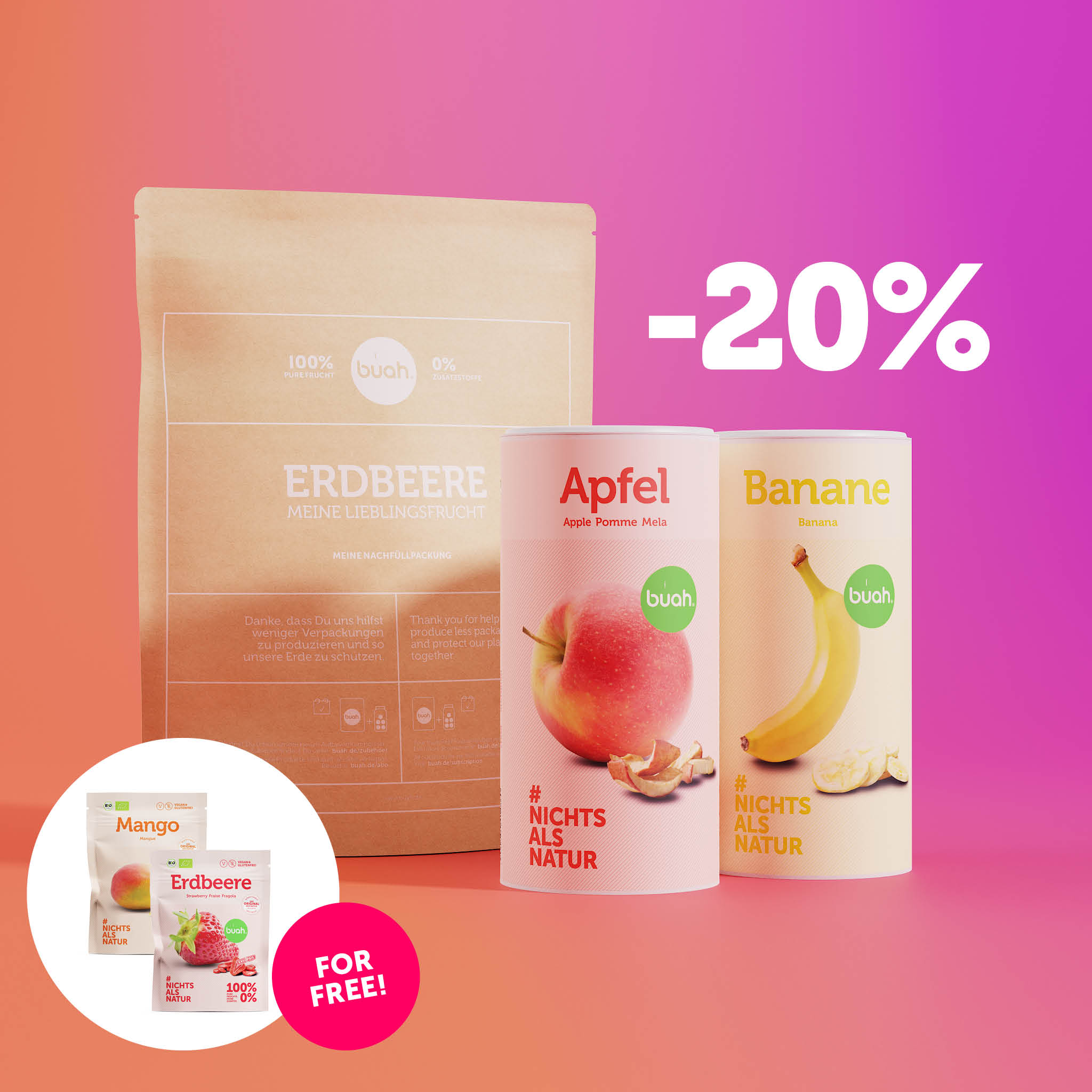 buah Black Friday 20% Angebot, Erdbeere Refiller, Dose buah Banane und Apfel vor rosa-orangenem Hintergrund mit Badge im Bild 2 Snackpack gratis 