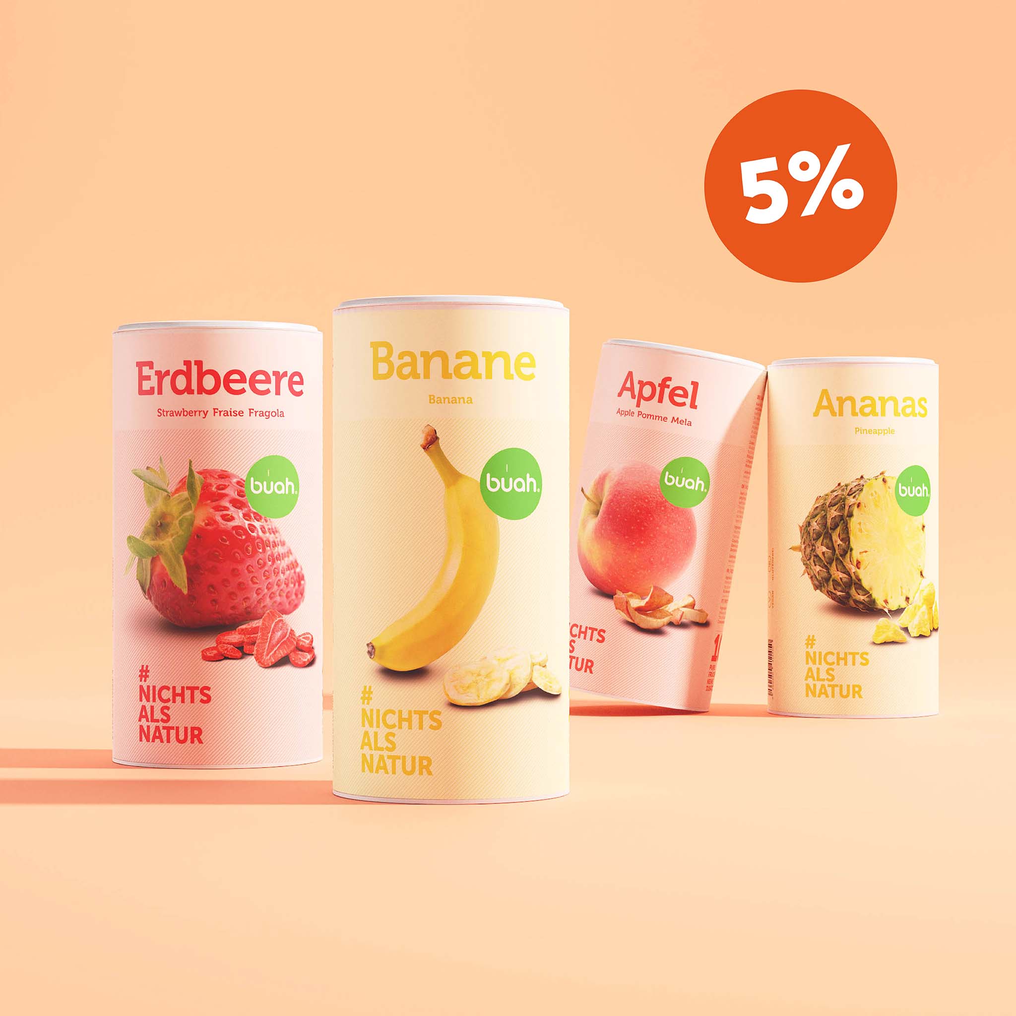 buah Comfort Food Set mit den 4 grossen Dosen Erdbeere, Banane, Apfel und Ananas