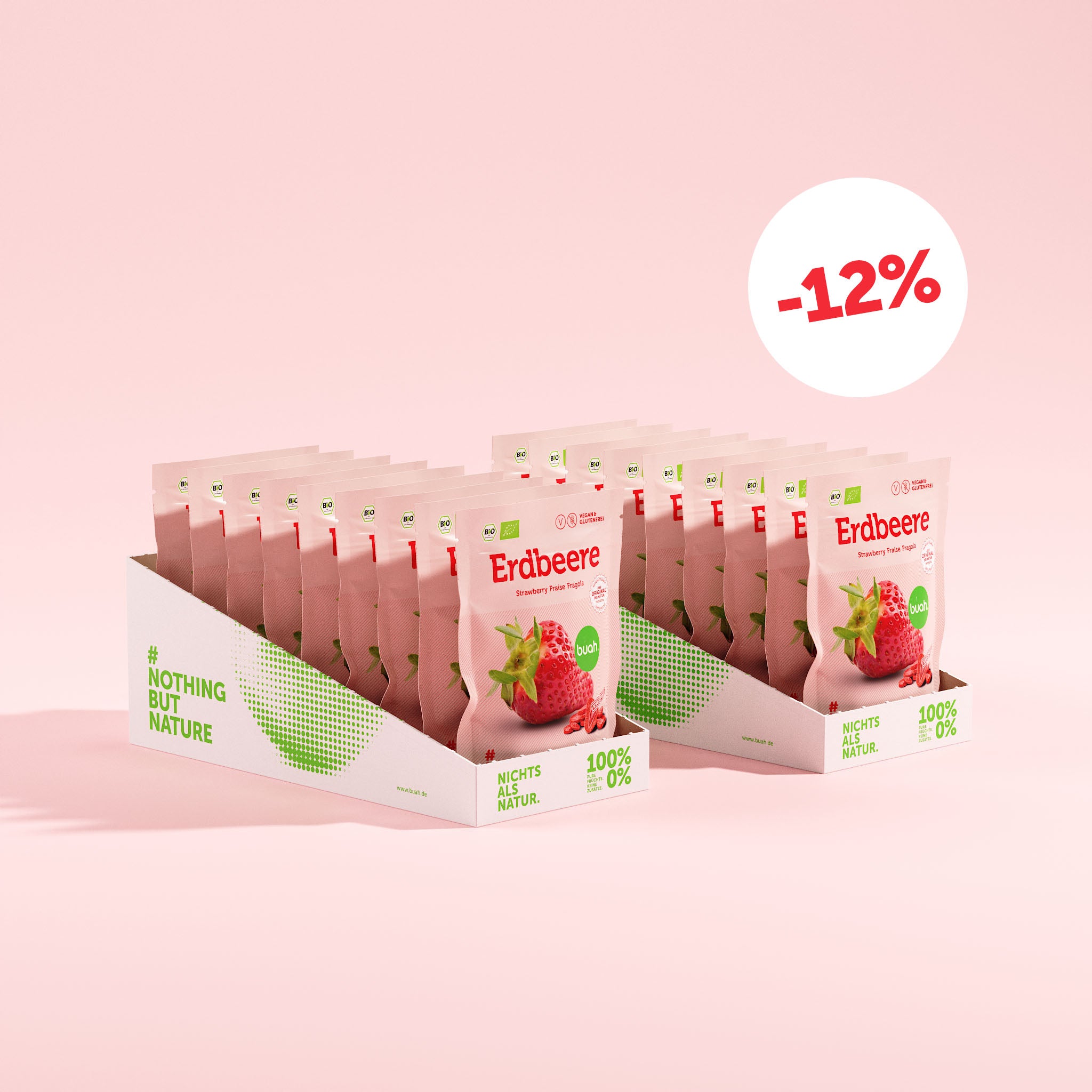 18 buah Erdbeere Snackpack in zwei Trays aus Papier mit Aufdruck des buah Logo vor rosa Hintergrund mit 12% Rabatt Badge - Sale bei buah 