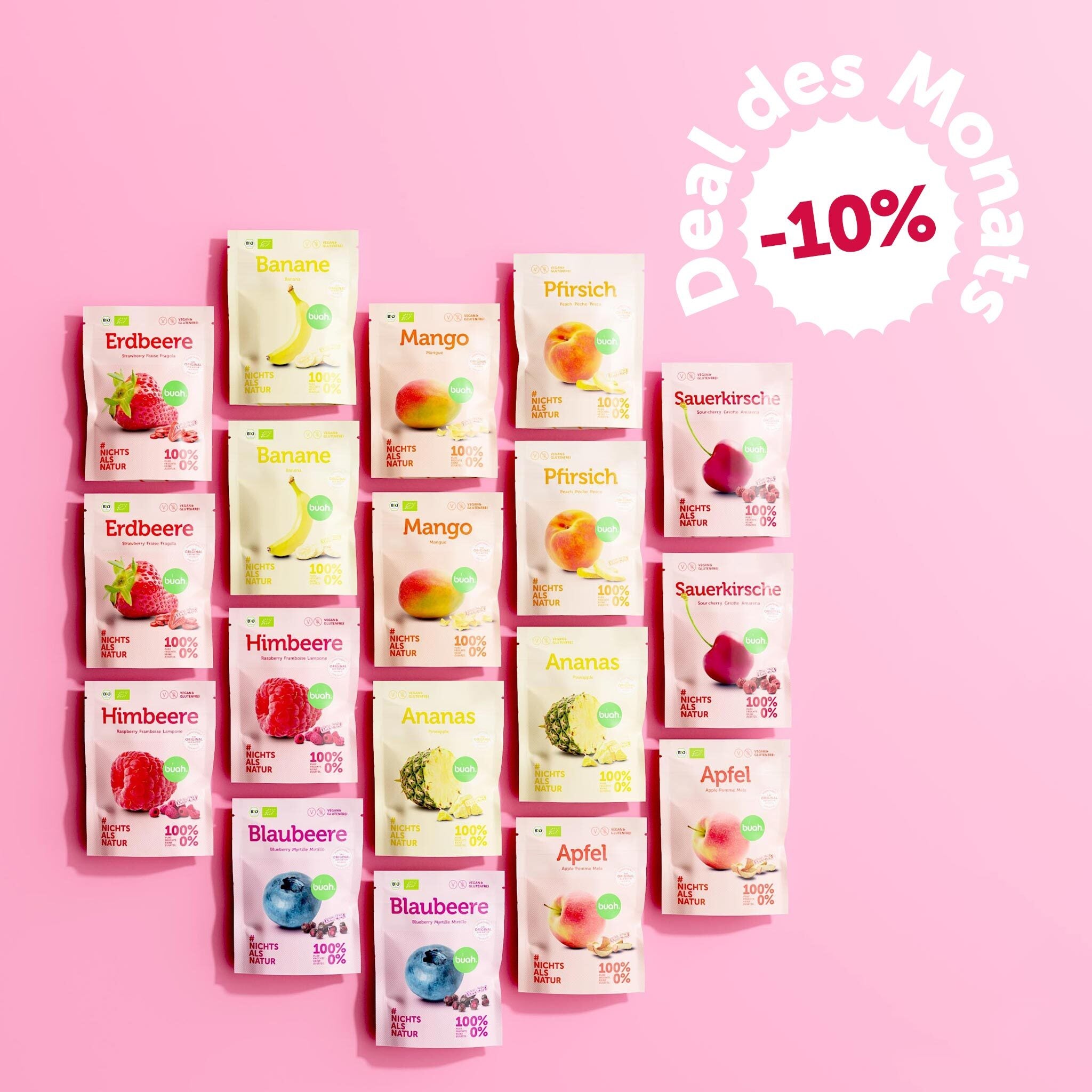 Set aus diversen buah Snackpack in verschiedenen Sorten, Erdbeere, Banane, Mango, Pfirsich, Sauerkirsche, Himbeere, Blaubeere, Ananas und Apfel - Snackpacks liegen nebeneinander aus Vogelperspektive, Hintergrund in pink. 