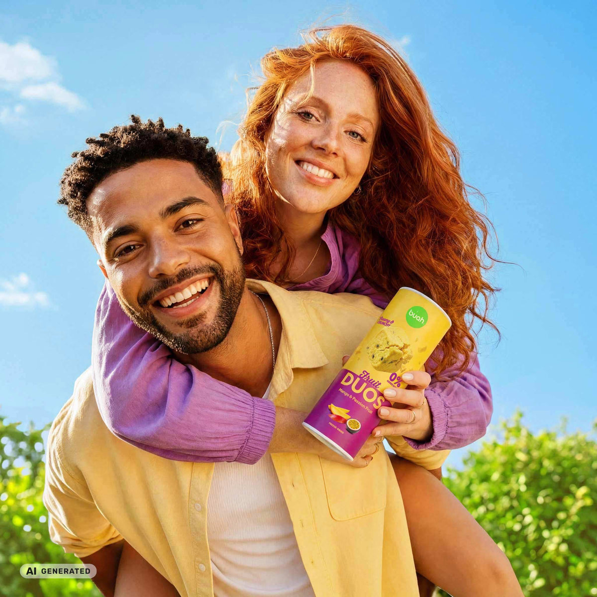 Ein fröhliches Paar an einem sonnigen Tag. Ein Mann trägt eine rothaarige, lächelnde Frau huckepack. Sie hält eine hohe Slim-Dose buah Fruit DUOS Mango & Passion Fruit in der Hand.