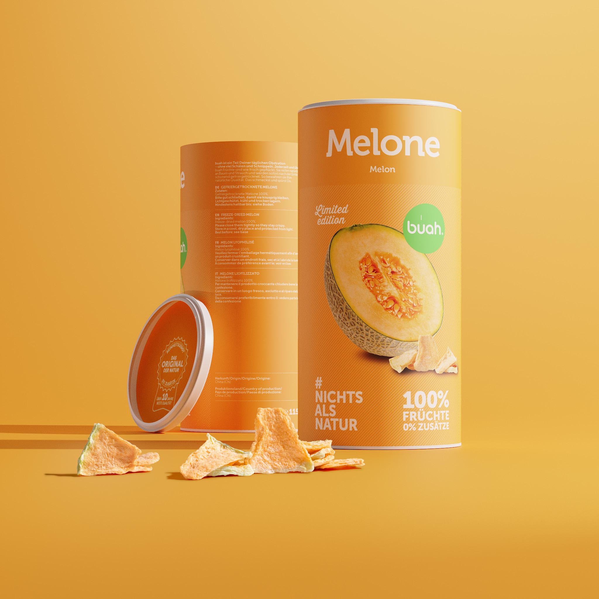 Vorder und Hinteransicht der grossen Dose in Zylinder Form der buah gefriergetrockneten Melone. Orange Dose mit Abbildung einer Melone und Limited Edition Schriftzug. 