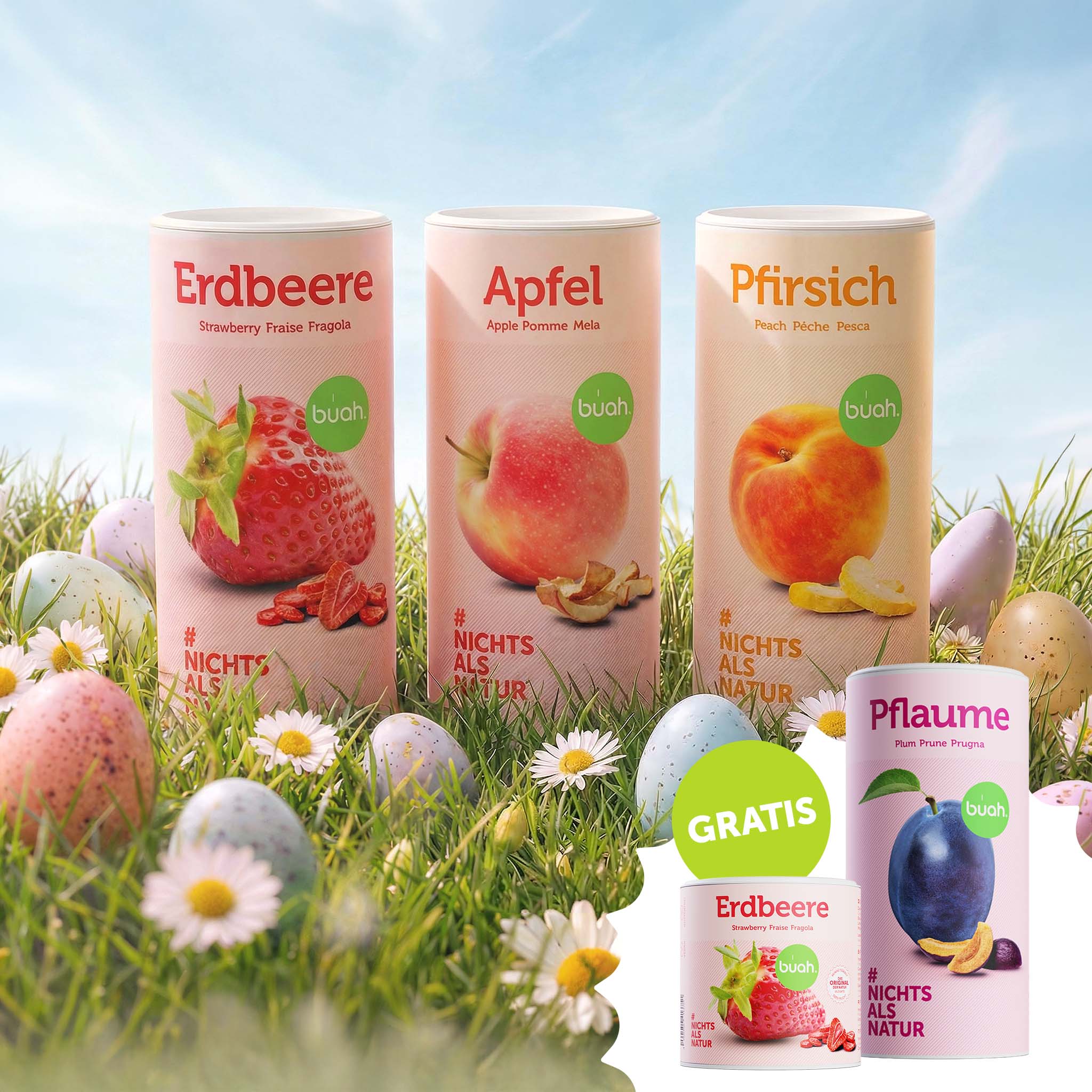 buah Abenteuer-Oster-Set. Drei große Dosen buah gefriergetrocknete Früchte der Sorten Erdbeere, Apfel und Pfirsich stehen in einer Frühlingswiese mit Ostereiern. Unten rechts sind eine kleine Dose Erdbeere und eine Dose Pflaume abgebildet, versehen mit einem grünen „GRATIS“-Badge.