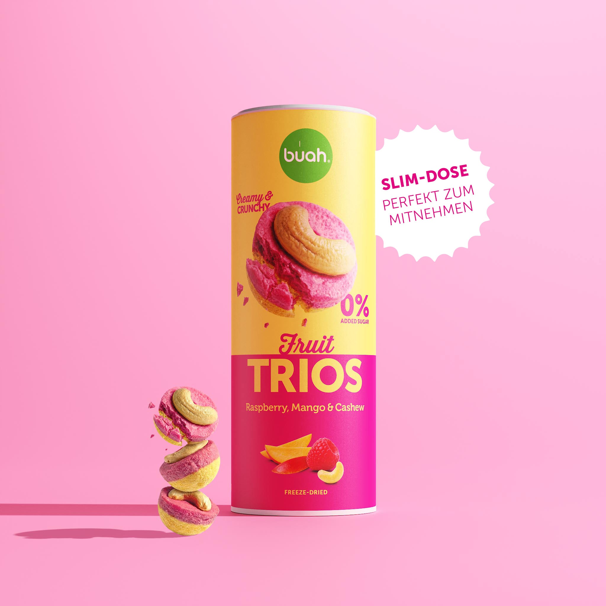 Neue Buah Trios Himbeere, Mango & Cashew – Trios Dose mit Hinweis, dass sie schmaler ist