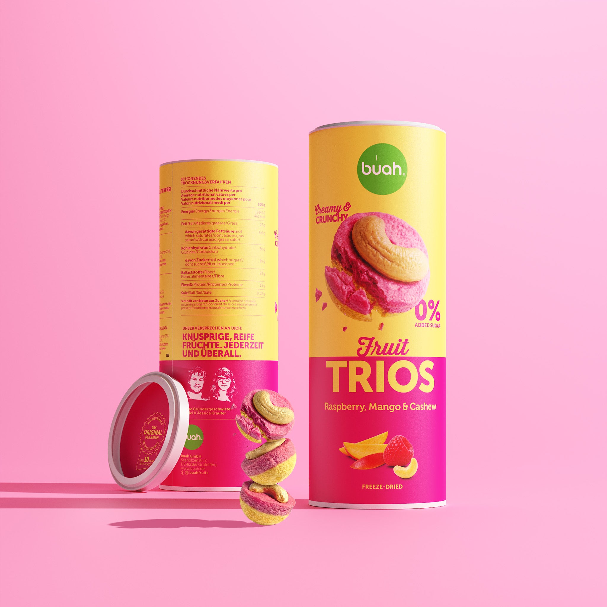Neue Buah Trios Himbeere, Mango & Cashew – Vorder- und Rückseite der Dose sowie knusprige Trios mit Crunch.