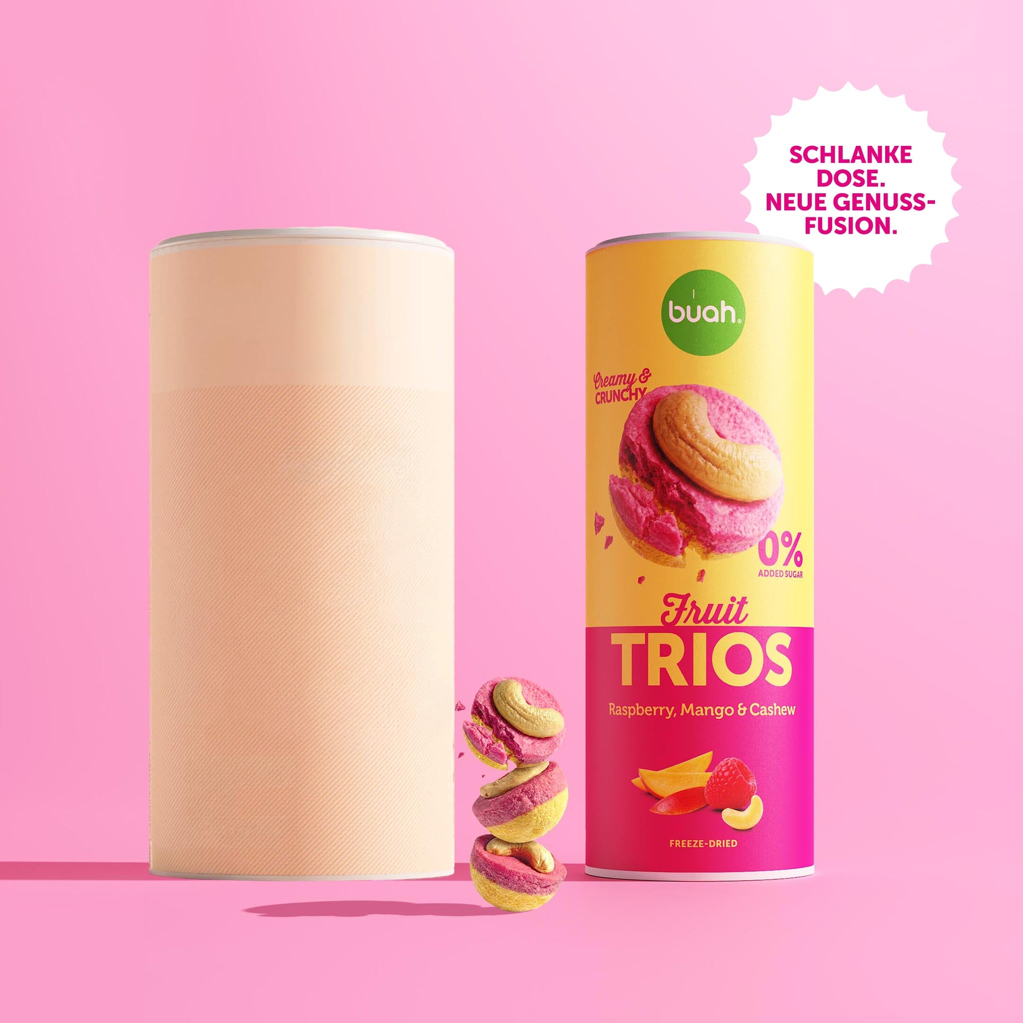 Neue Buah Trios Himbeere, Mango & Cashew – Trios Dose Vergleich mit Dose der gefriergetrockneten Früchte