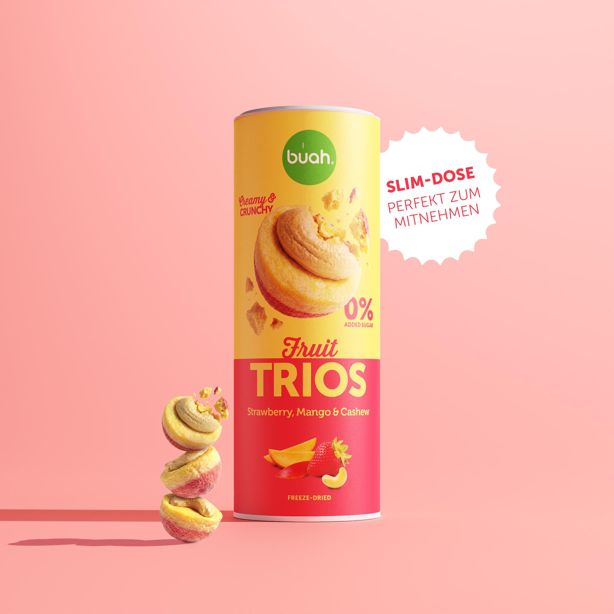 Neue Buah Trios Erdbeere, Mango & Cashew – Trios Dose mit Hinweis, dass sie schmaler ist