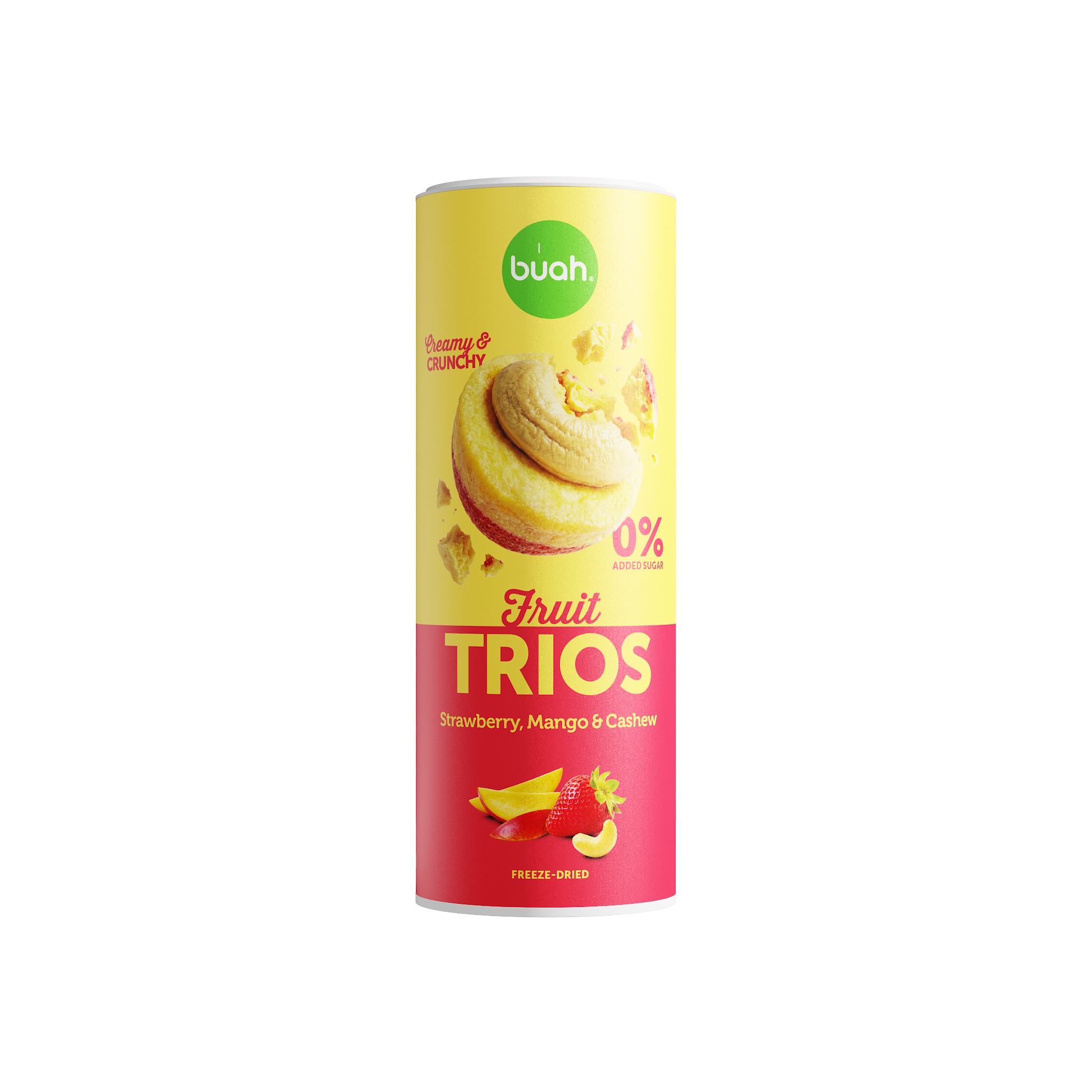 Eine hohe Slim-Dose buah Fruit TRIOS Strawberry, Mango & Cashew steht freigestellt auf einem weißen Hintergrund. Auf der Dose ist ein rundes Fruchtstück mit Cashewkern abgebildet.