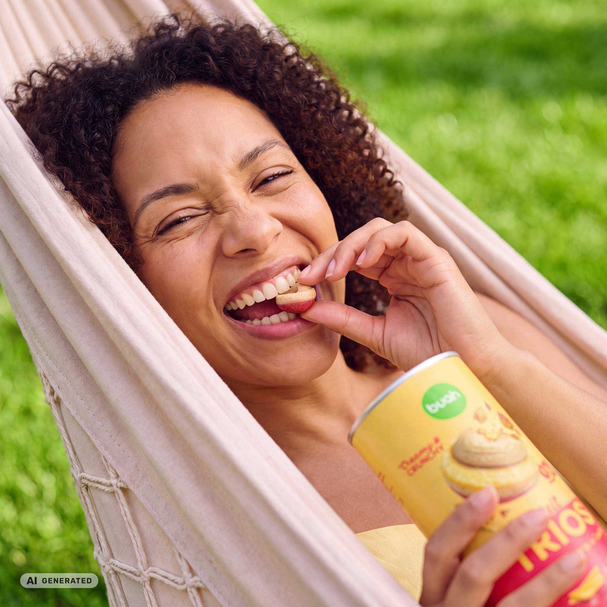 Neue Buah Trios Erdbeere, Mango & Cashew – Frau die in ein Trio beißt und sich freut